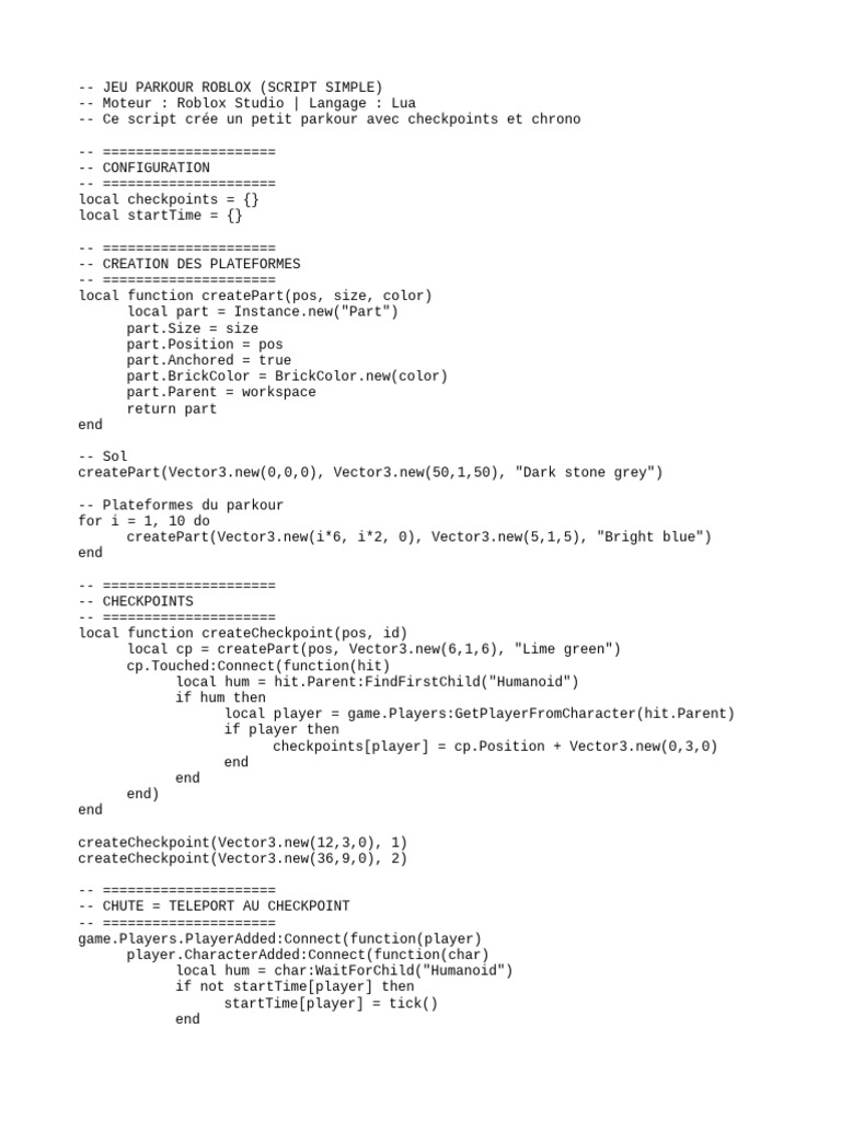 Jeu Parkour Roblox Script de Base | PDF