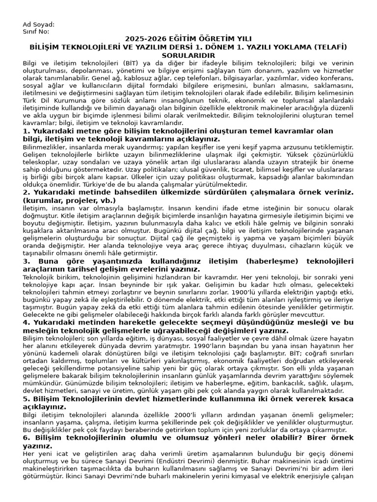 Bilişim Teknolojileri Ve Yazılım (Lise) 1. Dönem 1. Yazılı Örnek ...