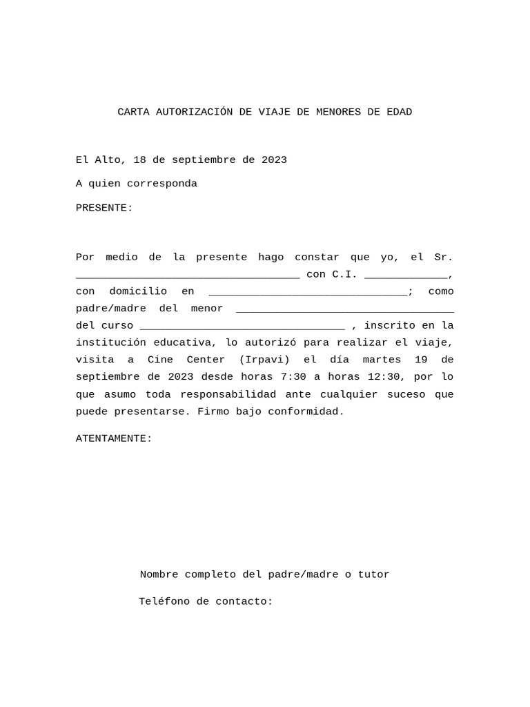 Carta Autorización de Viaje de Menores de Edad | PDF