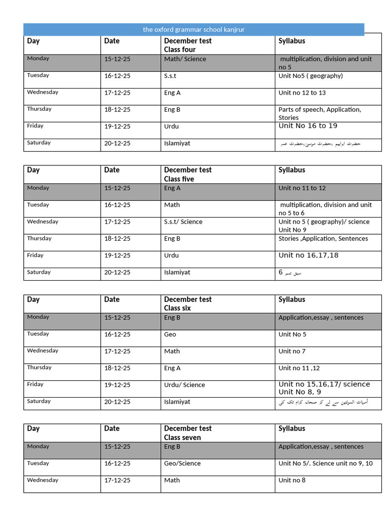 December Test Schedule for Classes 4-7 | PDF