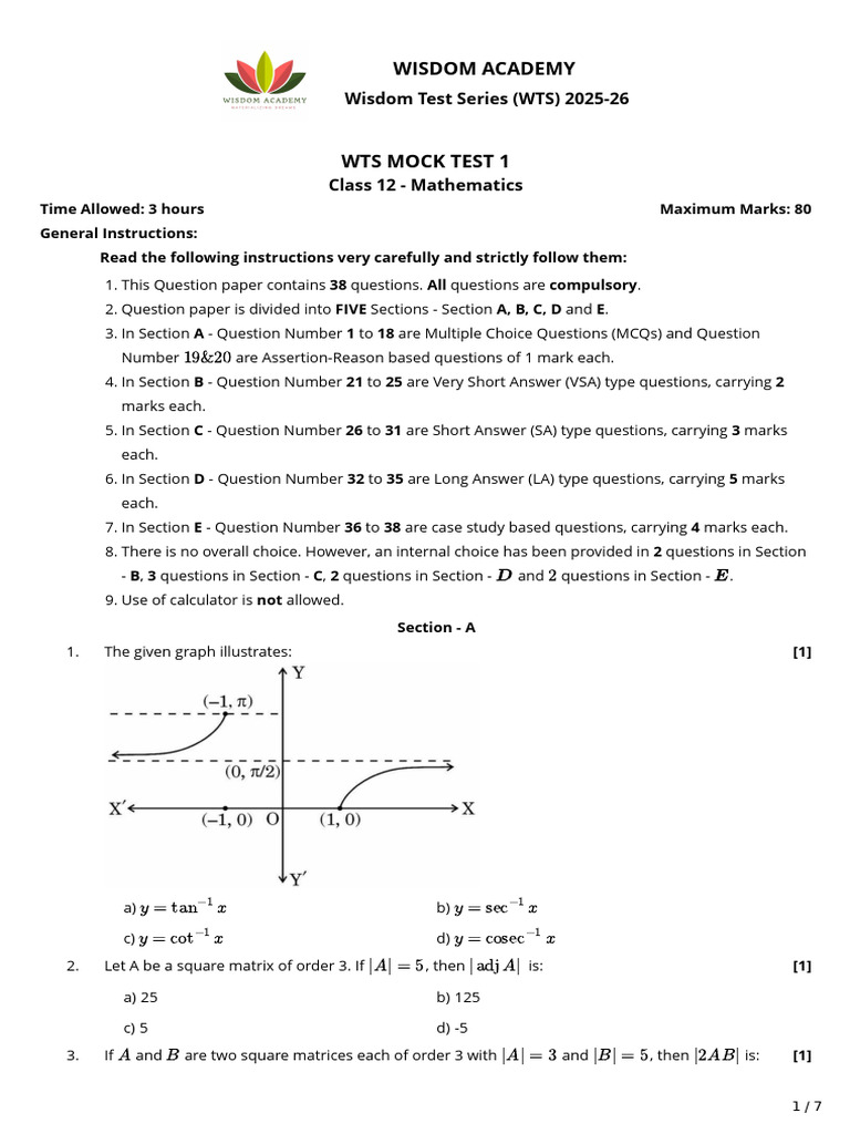 Class 12 Mathematics WTS Mock Test 1 | PDF | Matrix (Mathematics ...