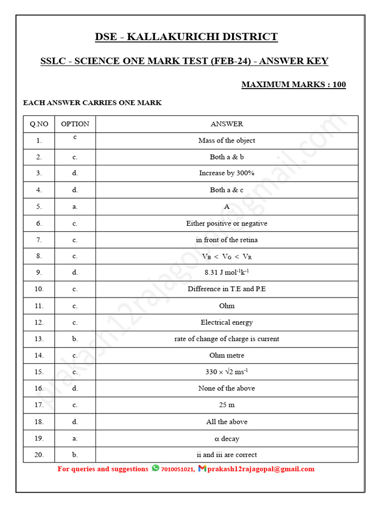 SSLC Science One Mark Test Answer Key | PDF | Chess Theory | Chess Openings