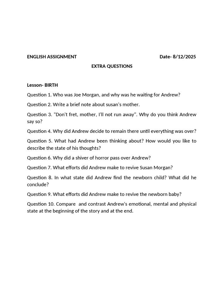 English Assignment: Birth Analysis Questions | PDF