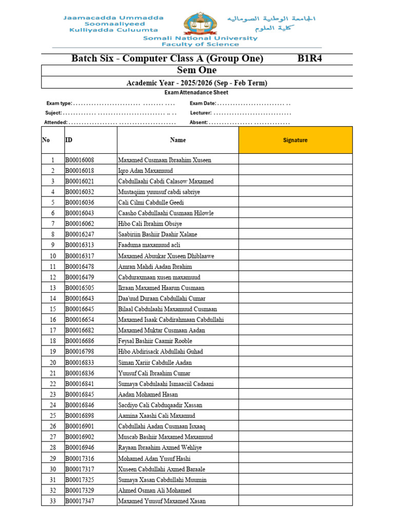Exam Attendance Sheet - Computer Class A | PDF
