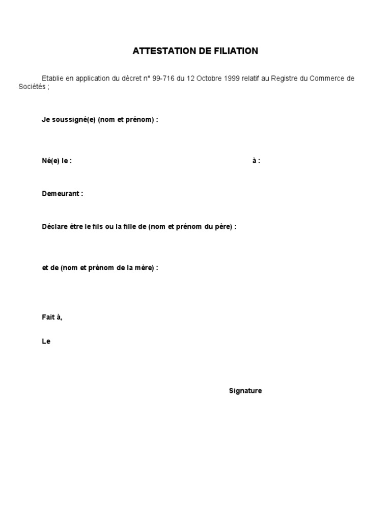 Modèle d'attestation de filiation | PDF
