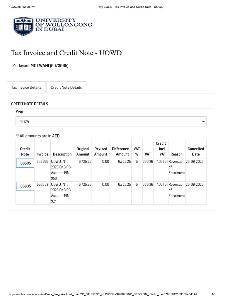 UOWD Tax Invoice & Credit Note Details | PDF