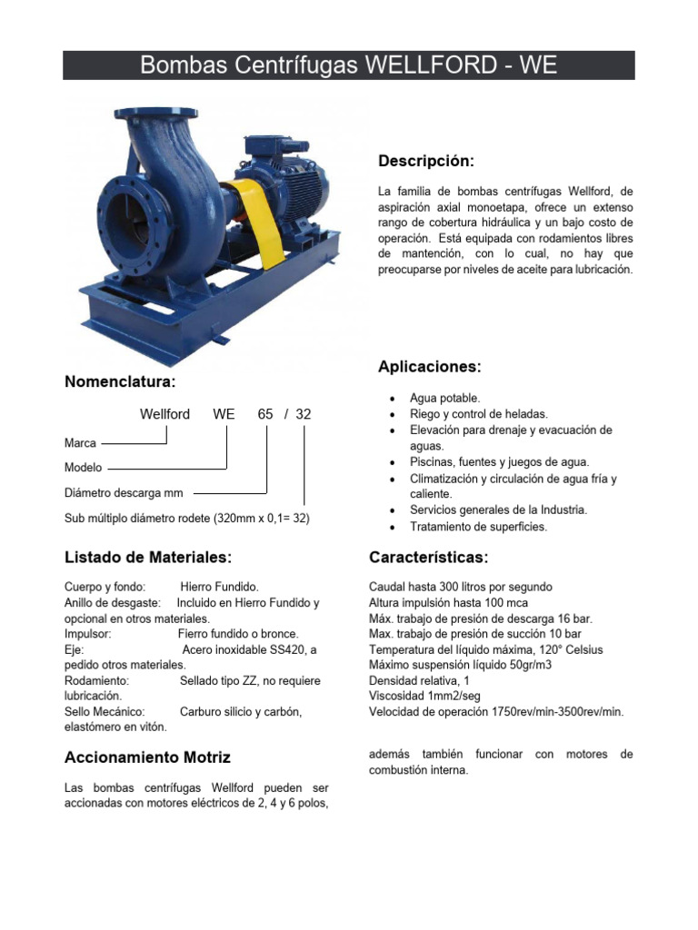 Bombas Centrífugas Wellford WE: Especificaciones y Usos | PDF | Bomba ...