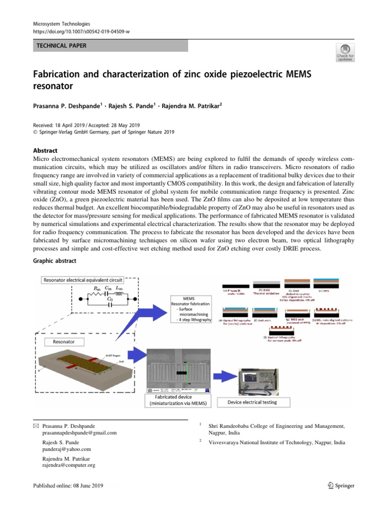 Zinc Oxide MEMS Resonator Fabrication | PDF | Zinc Oxide | Piezoelectricity