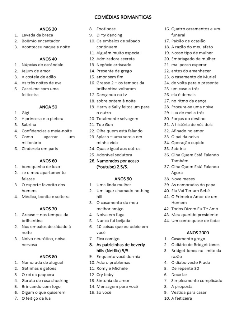 Lista Completa de Comédias Românticas | PDF | Amor