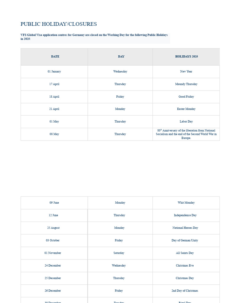 2025 Public Holidays for VFS Germany | PDF