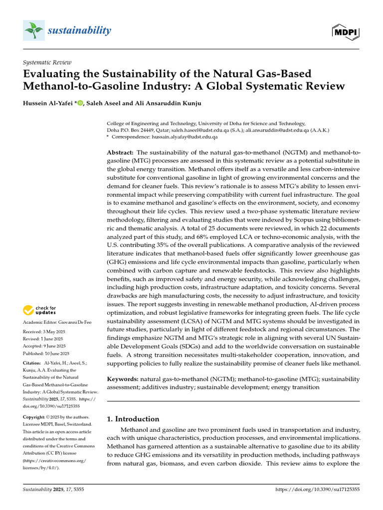 Methanol-to-Gasoline Sustainability Review | PDF | Methanol | Natural Gas