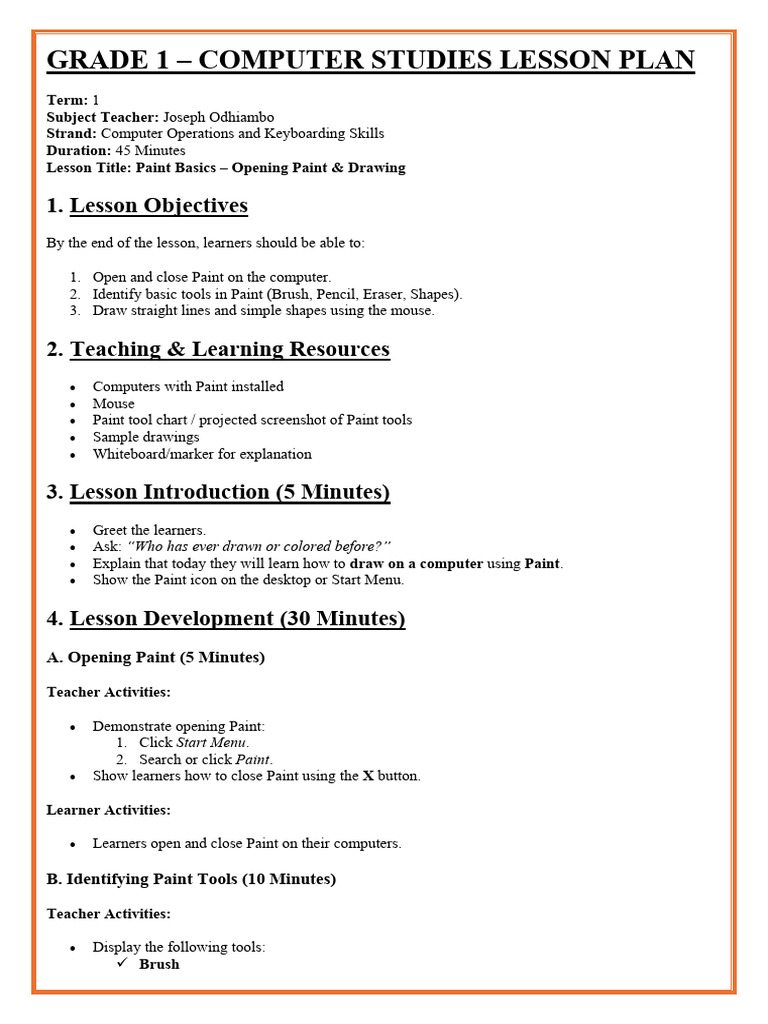 Grade 1 Paint Basics Lesson Plan | PDF | Drawing