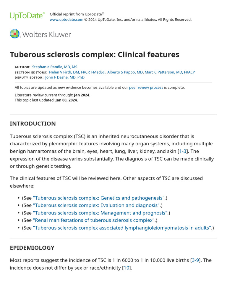 Tuberous Sclerosis Complex: Clinical Features - UpToDate | PDF ...