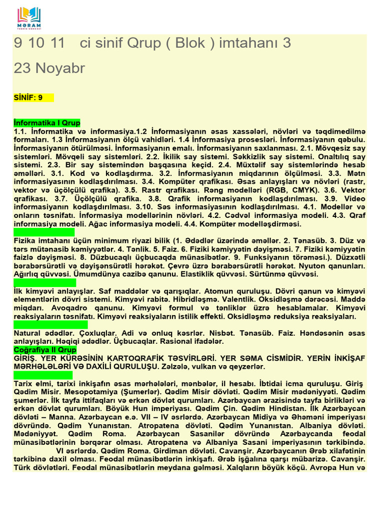 9-10-11 - Ci Sinif Qrup (Blok) Imtahanı 3 | PDF