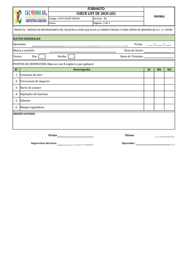 Checklist de Inspección para Jack-Leg | PDF