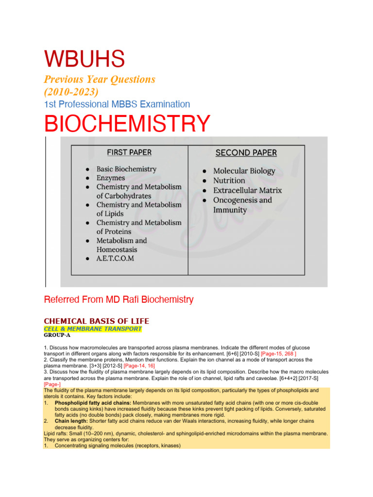 WBUHS MBBS Biochemistry Past Questions | PDF | Glycolysis | Cell Membrane