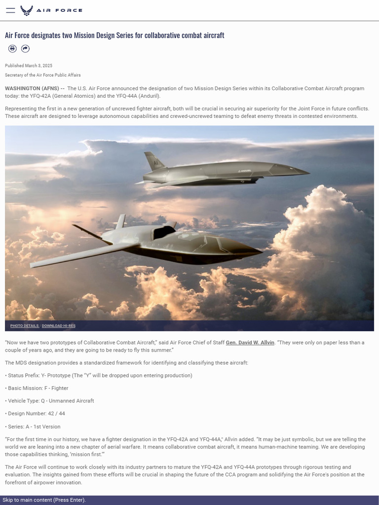 Air Force designates two Mission Design Series for collaborative combat ...