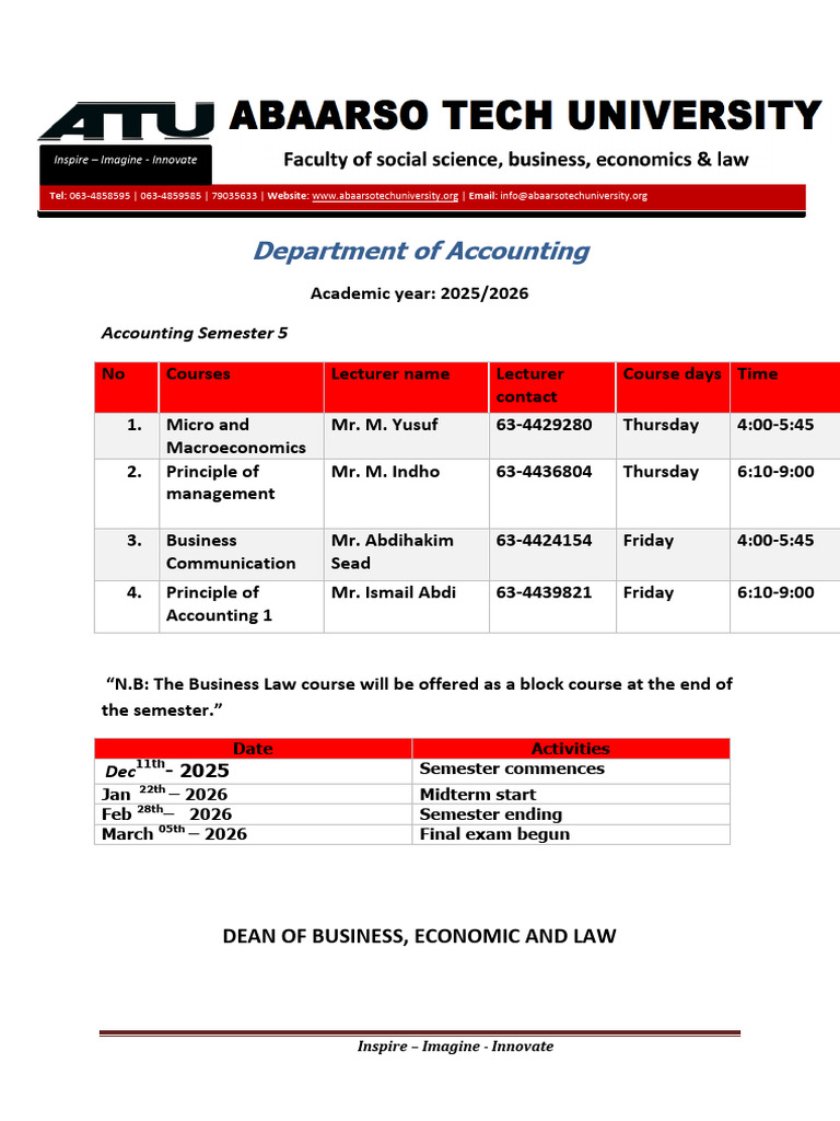 Accounting Semester 5 Course Schedule | PDF
