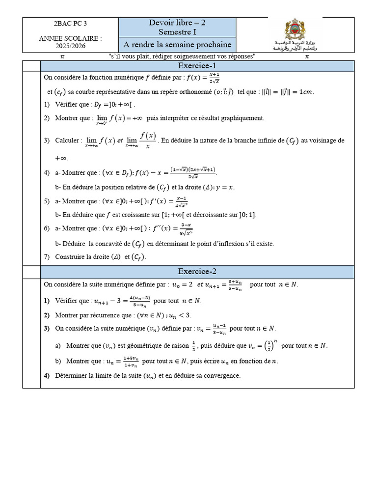 Devoir de mathématiques 2BAC PC 2025/2026 | PDF | Mathématiques ...