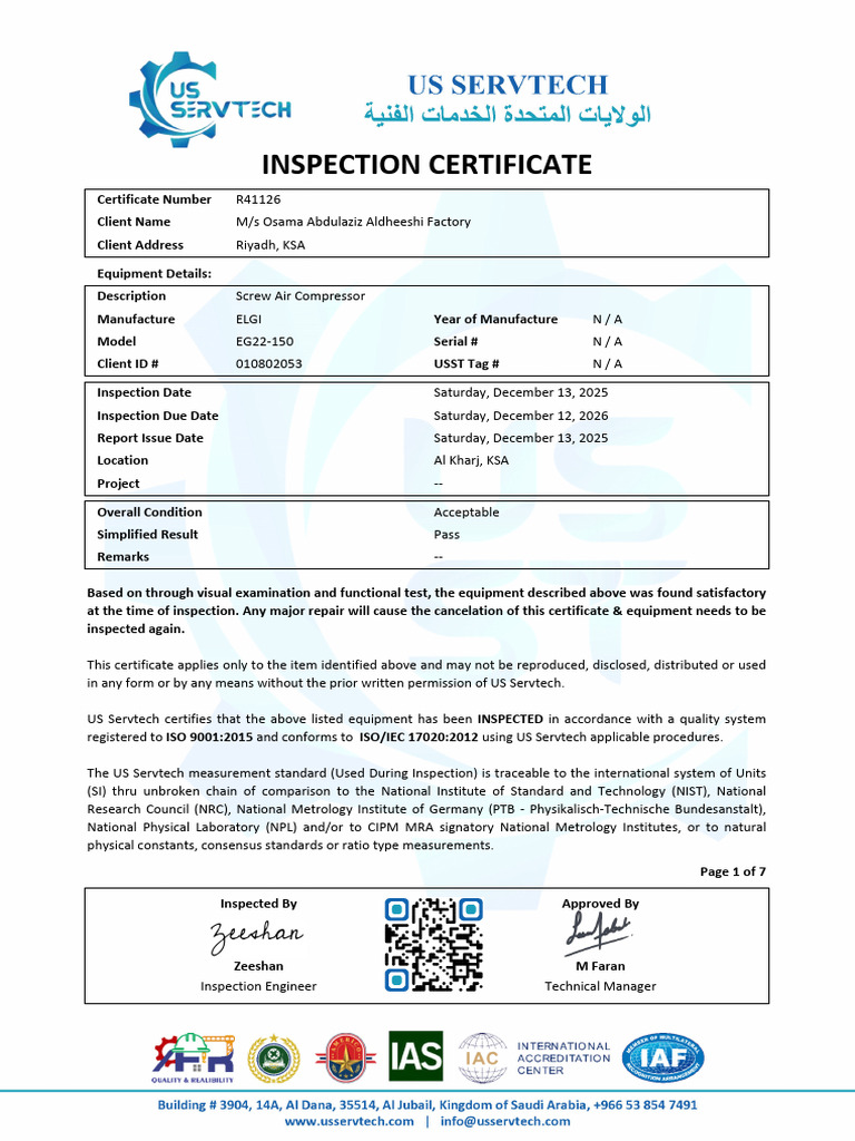 Screw Air Compressor Inspection Report | PDF | Metrology | Mechanical ...