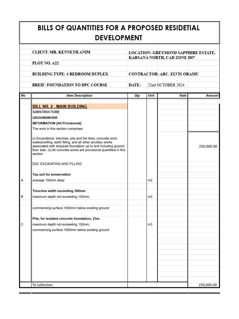 Bills of Quantities for Duplex Construction | PDF | Concrete | Masonry