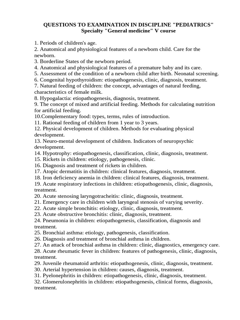 Pediatric Examination Questions Guide | PDF | Bronchitis | Medicine