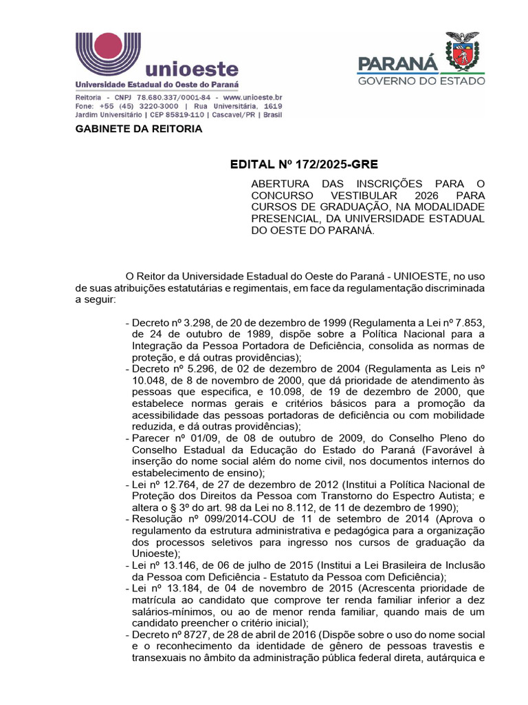 Inscrições para Vestibular 2026 Unioeste | PDF | Diploma de bacharel