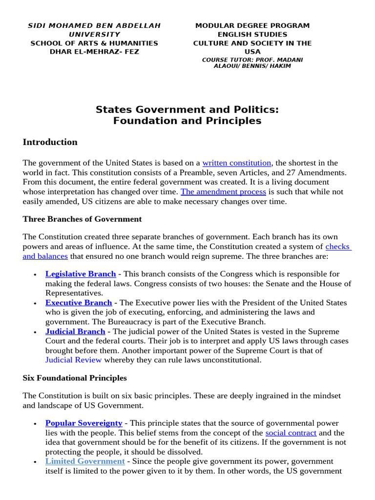 US Government Structure and Principles | PDF | Separation Of Powers ...