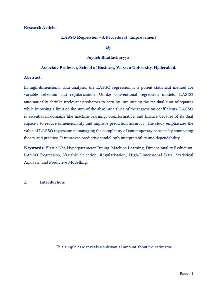 Lasso Regression A Procedural Improvement | PDF | Regression Analysis ...