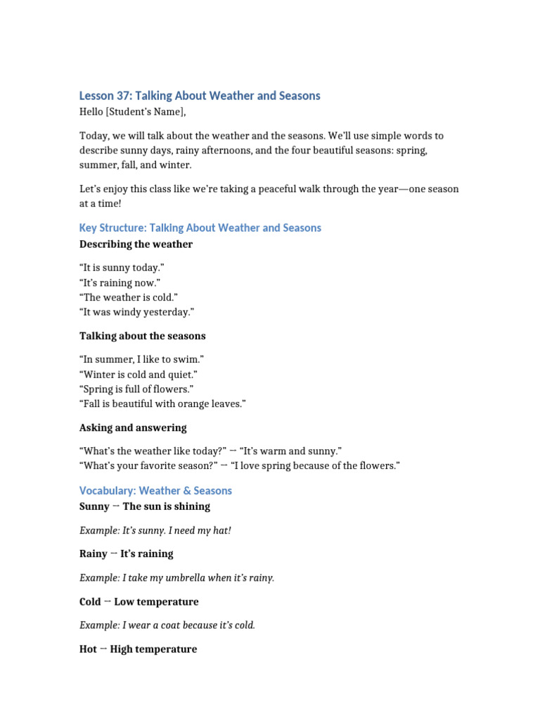 Weather and Seasons Vocabulary Guide | PDF | Weather