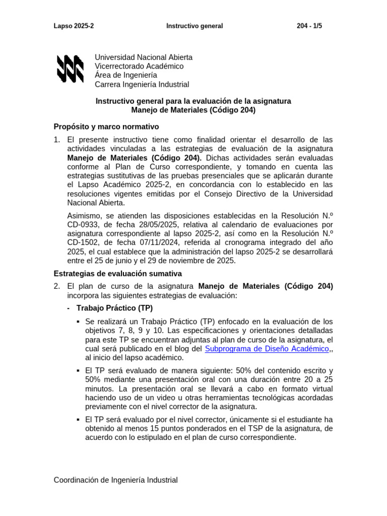Instructivo Evaluación Manejo de Materiales 2025-2 | PDF