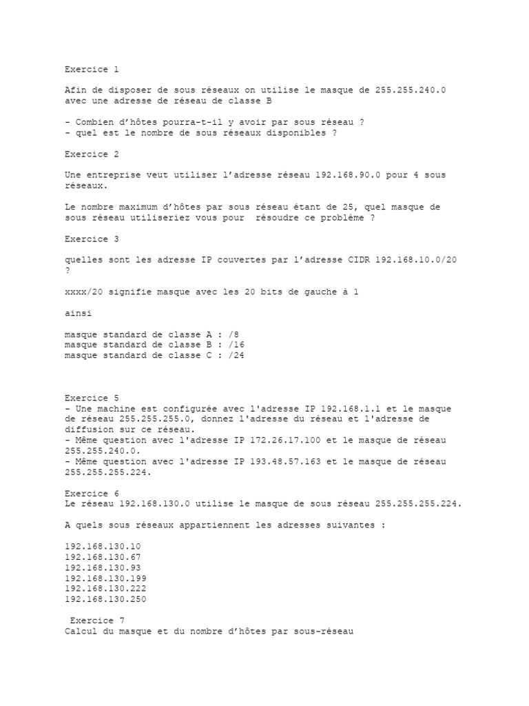 Calculs de sous-réseaux et masques IP | PDF