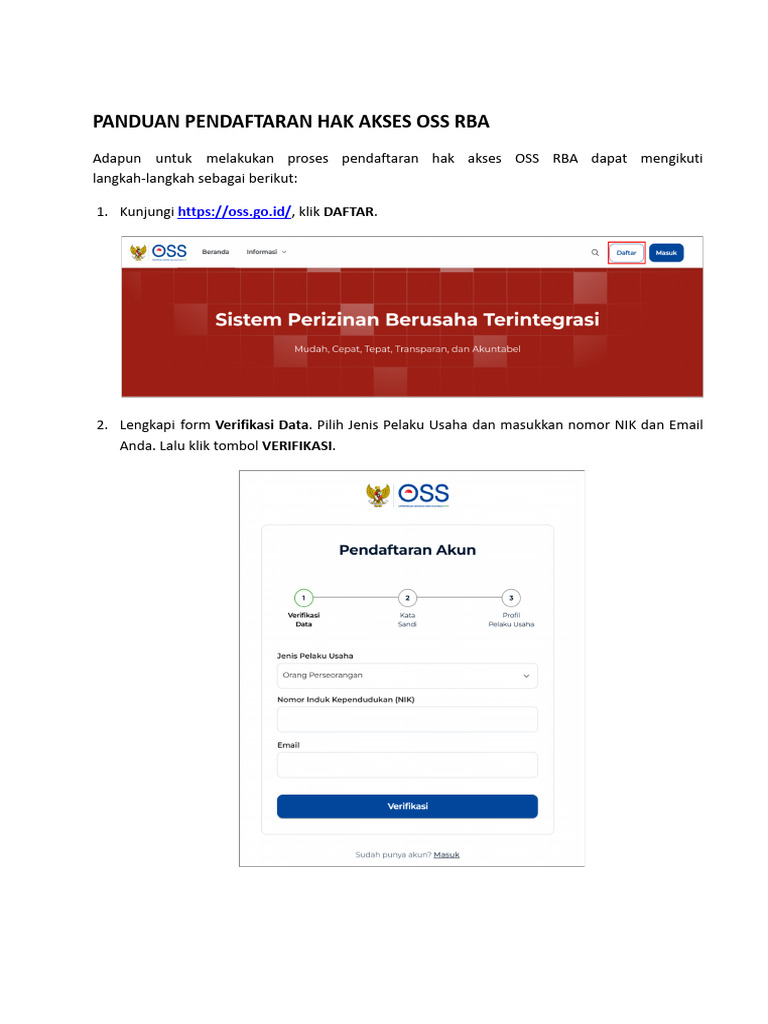 Panduan Pendaftaran OSS RBA Online | PDF