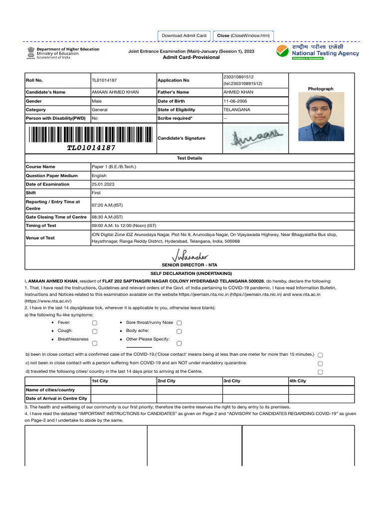JEE Main 2023 Admit Card Download | PDF | Identity Document