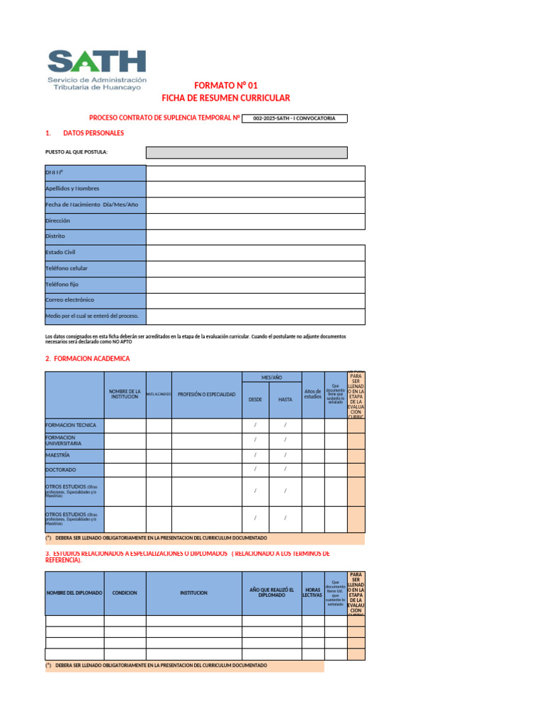 Formato 001 Suplencia Temporal 002 2025 Sath I Convocatoria | PDF
