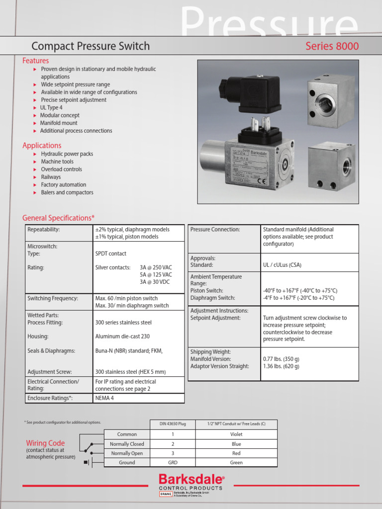 Compact Pressure Switch Series 8000 | PDF | Switch | Mechanical Engineering