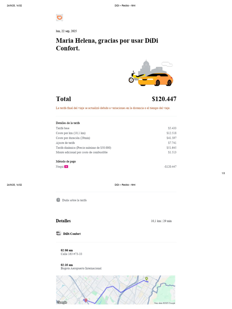 Recibo de viaje DiDi Confort | PDF