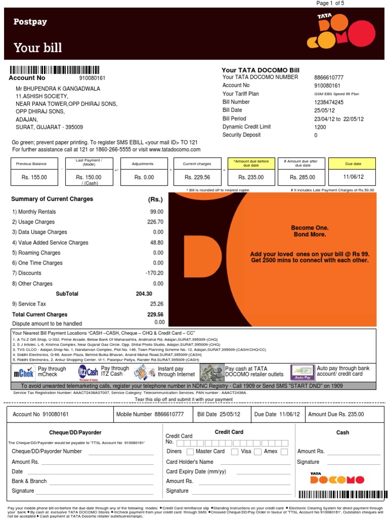Your Tata Docomo Bill Account No: Summary of Current Charges | PDF ...