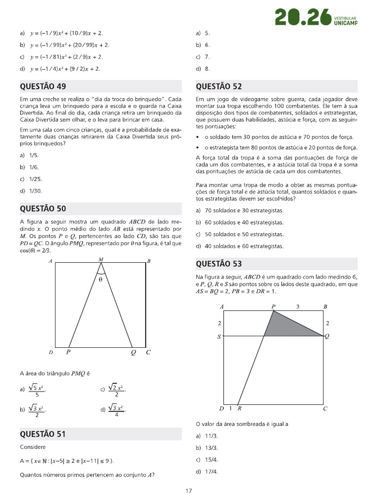 Prova Unicamp 2026 q53 Prova X e Q | PDF
