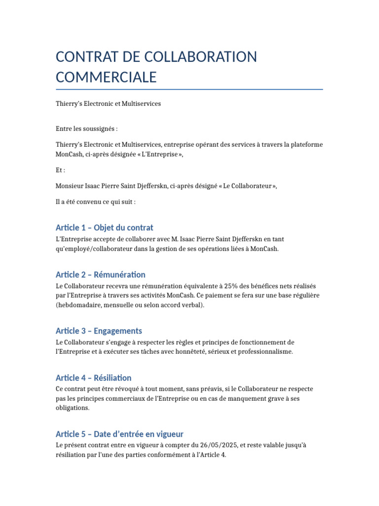 Contrat de collaboration commerciale MonCash | PDF