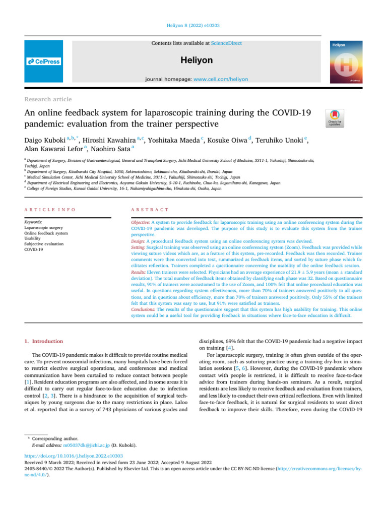 An Online Feedback System For Laparoscopic Training During The COVI ...