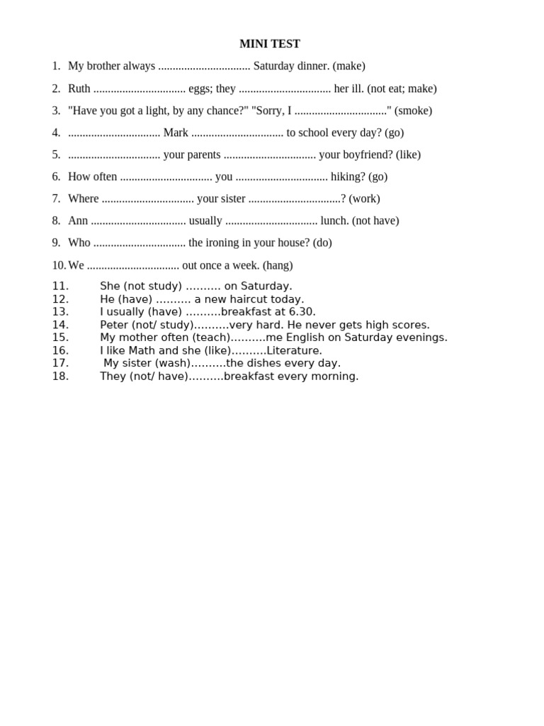 Mini English Grammar Test Questions | PDF