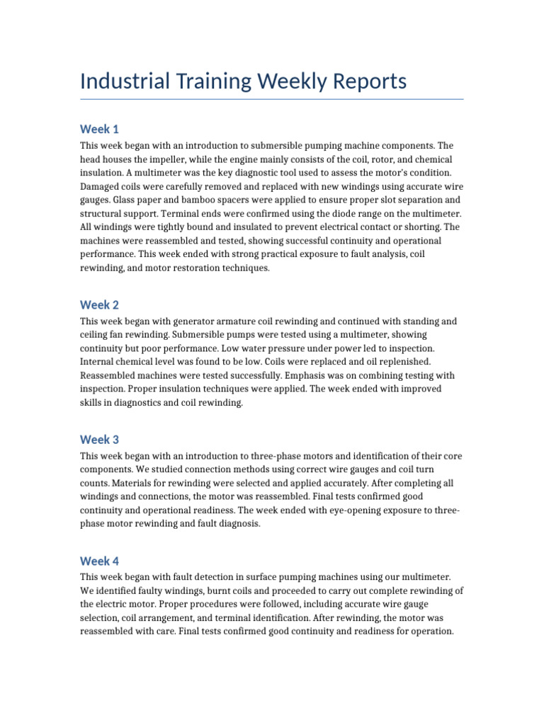 Industrial Training Weekly Reports Weeks1-20 | PDF | Electric Motor | Wire