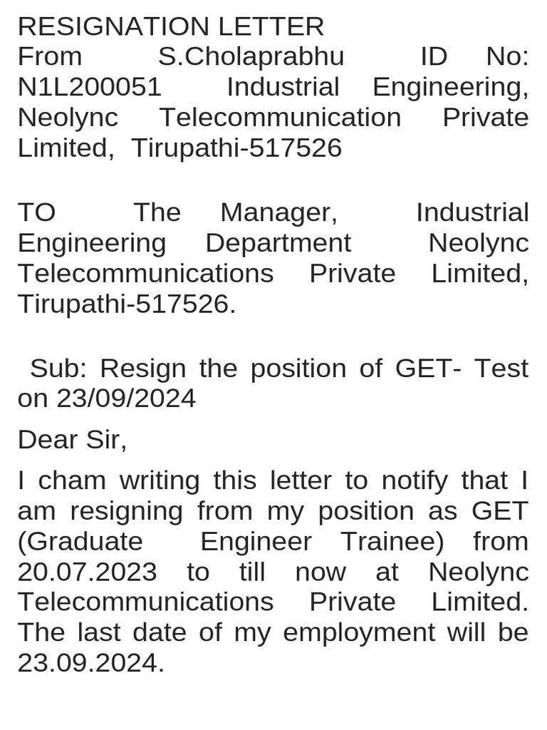Resignation Letter from GET at Neolync | PDF