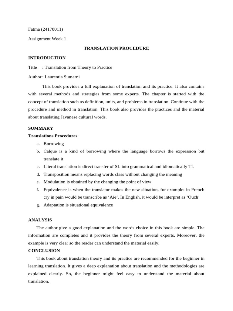 Fatma 24178011 Translation Week 2 | PDF | Translations | Linguistics