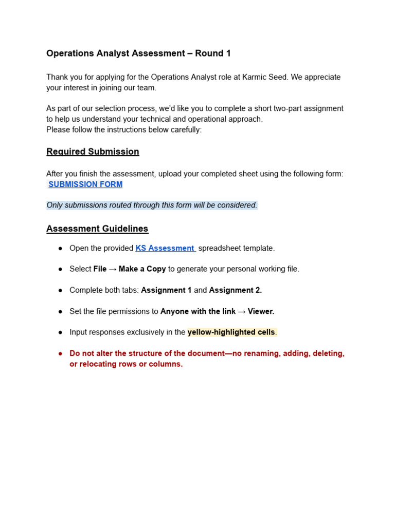 Operations Analyst Assessment Instructions | PDF