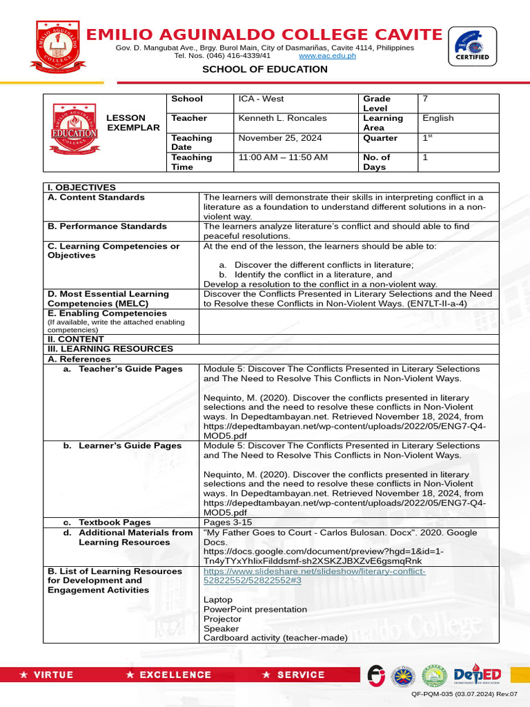 Grade 7 English Lesson on Literary Conflicts | PDF