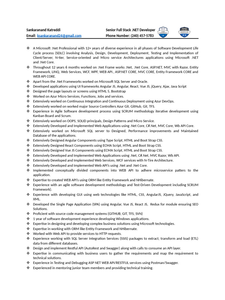 Senior Full Stack .NET Developer Resume | PDF | Language Integrated ...