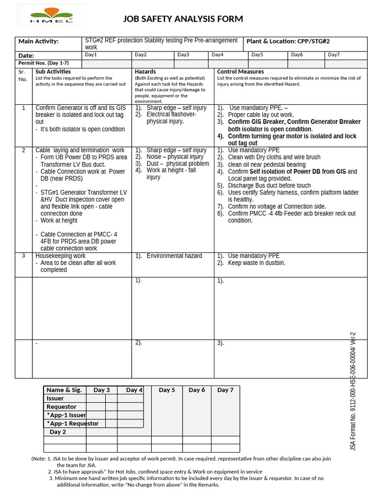 Job Safety Analysis for STG#2 Testing | PDF | Safety | Occupational ...