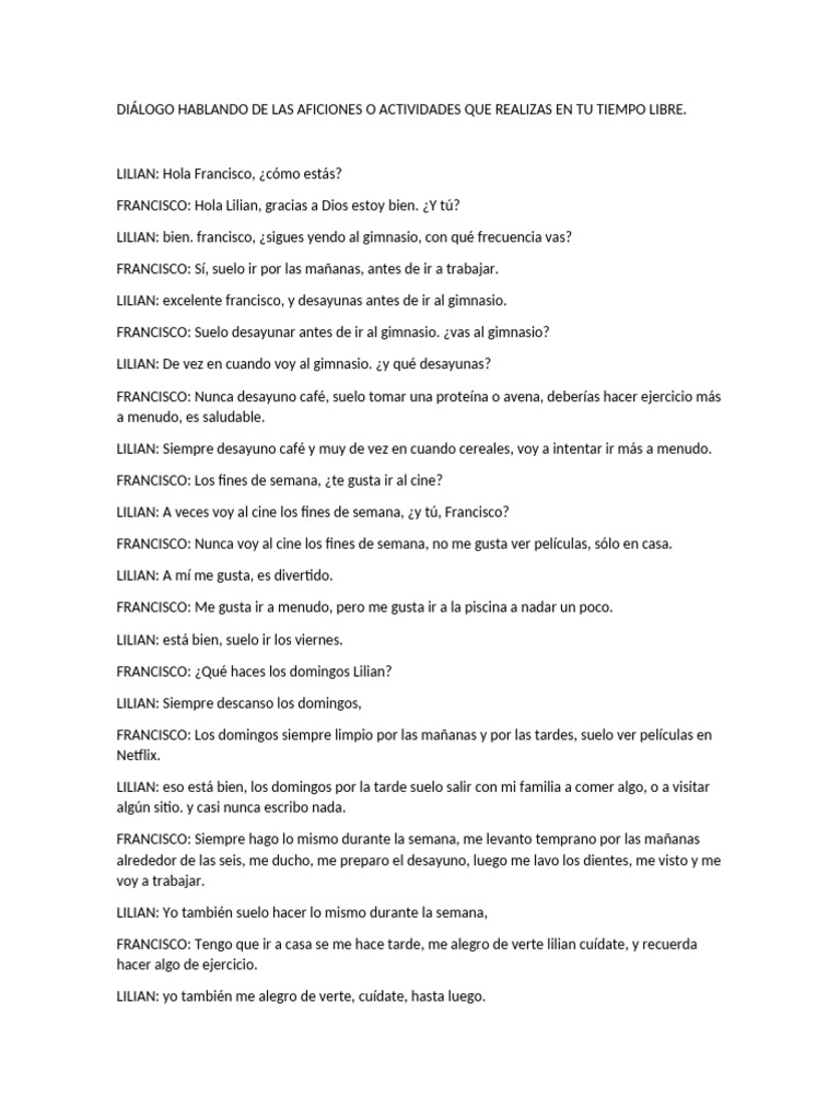Diálogo Hablando de Las Aficiones o Actividades Que Realizas en Tu ...